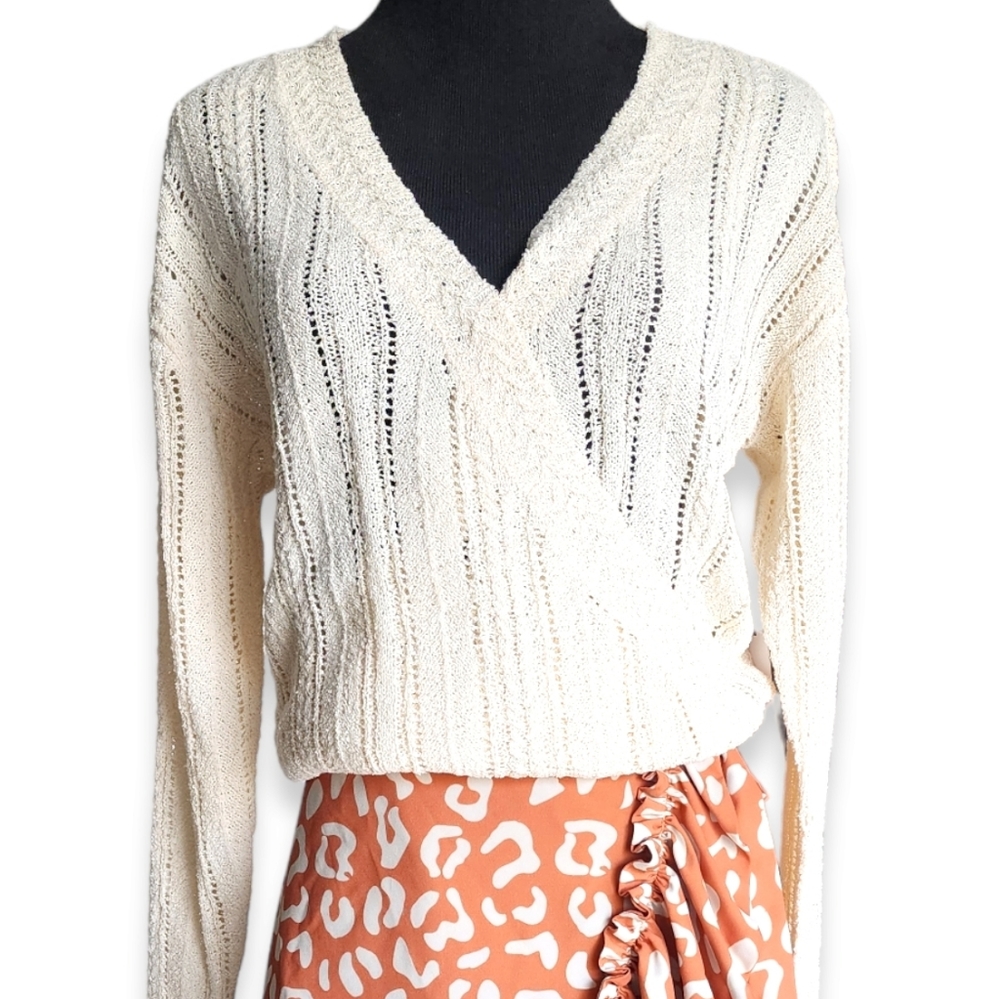 NWT Astr Wrap Front Pointelle Sweater Cream Sz Small